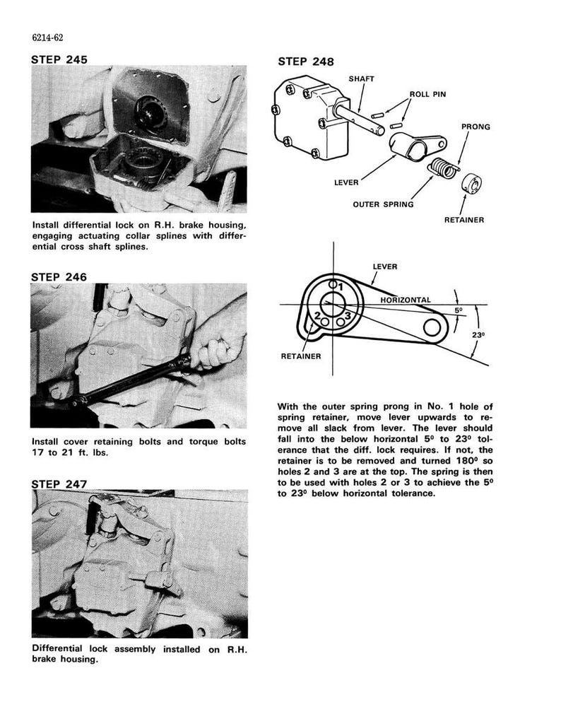 May include: Technical diagram with labeled parts for a mechanical assembly. Includes illustrations of a shaft, lever, spring, and retainer, with measurements in feet and pounds. Instructions detail installation steps for a differential lock.
