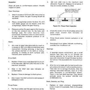 Puede incluir: Una p&aacute;gina de un manual de reparaci&oacute;n con texto y diagramas que detallan los procedimientos de desmontaje y reparaci&oacute;n. Incluye instrucciones para inspeccionar carcasas de engranajes, placas de empuje y cojinetes, con medidas en mm.