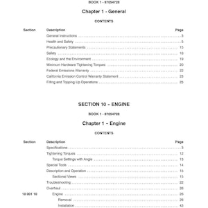 May include: A detailed table of contents from a manual, with headings for "General" and "Engine" sections. The text is black on a white background, with page numbers listed. The manual's book number is 87054728.