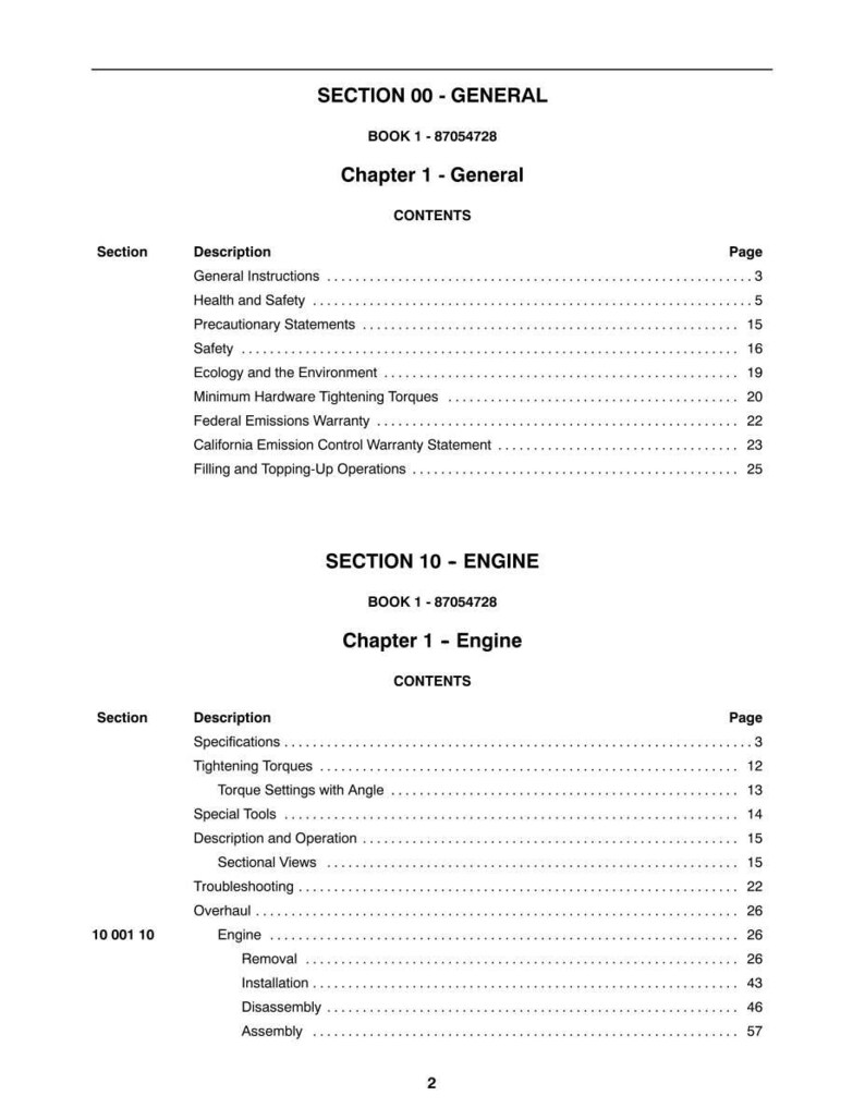 May include: A detailed table of contents from a manual, with headings for "General" and "Engine" sections. The text is black on a white background, with page numbers listed. The manual's book number is 87054728.