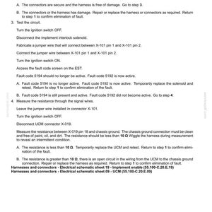 May include: A detailed technical document with fault codes for electrical systems. Includes a schematic legend, troubleshooting steps, and instructions for testing circuits and measuring resistance. Text includes connector and pin details.