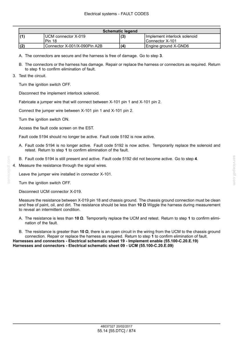 May include: A detailed technical document with fault codes for electrical systems. Includes a schematic legend, troubleshooting steps, and instructions for testing circuits and measuring resistance. Text includes connector and pin details.