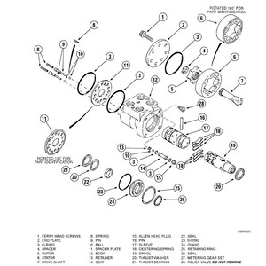 Puede incluir: Un diagrama expl&iacute;cito de un conjunto de bomba hidr&aacute;ulica, que muestra varios componentes como tornillos, placas, juntas t&oacute;ricas y un rotor. El diagrama incluye etiquetas para cada pieza, como "Tornillos de cabeza de ferry" y "Eje de transmisi&oacute;n".