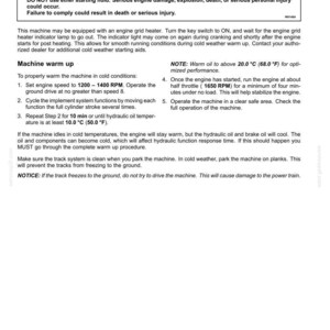 May include: A page from an operating manual with instructions for cold weather starting aids. The text includes a warning about explosion hazards and instructions for warming up the machine, including engine speed and oil temperature.