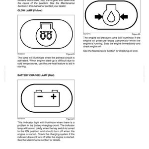 Pu&ograve; includere: Una pagina di un manuale intitolata Capitolo 3 Strumenti e comandi, che presenta tre simboli di spie in bianco e nero: una spia di preriscaldamento, una spia della pressione dell'olio motore e una spia di carica della batteria, con testo e figure.