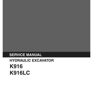 May include: A gray and white service manual for a Kobelco hydraulic excavator, models K916 and K916LC. The cover features the Kobelco logo at the top, the text SERVICE MANUAL HYDRAULIC EXCAVATOR, and the document code S5LS0001E-02 dated 12/87.