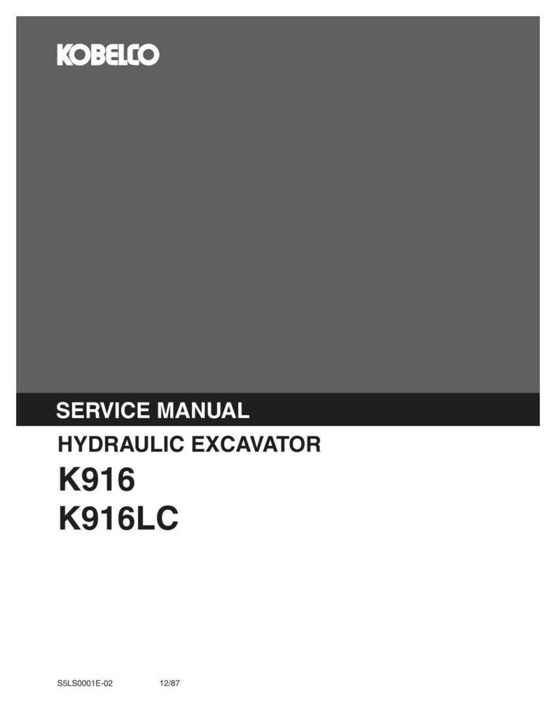 May include: A gray and white service manual for a Kobelco hydraulic excavator, models K916 and K916LC. The cover features the Kobelco logo at the top, the text SERVICE MANUAL HYDRAULIC EXCAVATOR, and the document code S5LS0001E-02 dated 12/87.