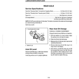 May include: A page from a service manual detailing rear axle lubrication, including service specifications, oil change instructions, and diagrams of filler and drain plugs. The text includes measurements in liters and U.S. gallons.