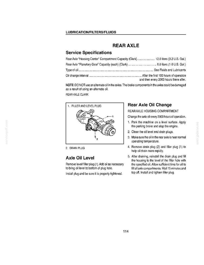 May include: A page from a service manual detailing rear axle lubrication, including service specifications, oil change instructions, and diagrams of filler and drain plugs. The text includes measurements in liters and U.S. gallons.