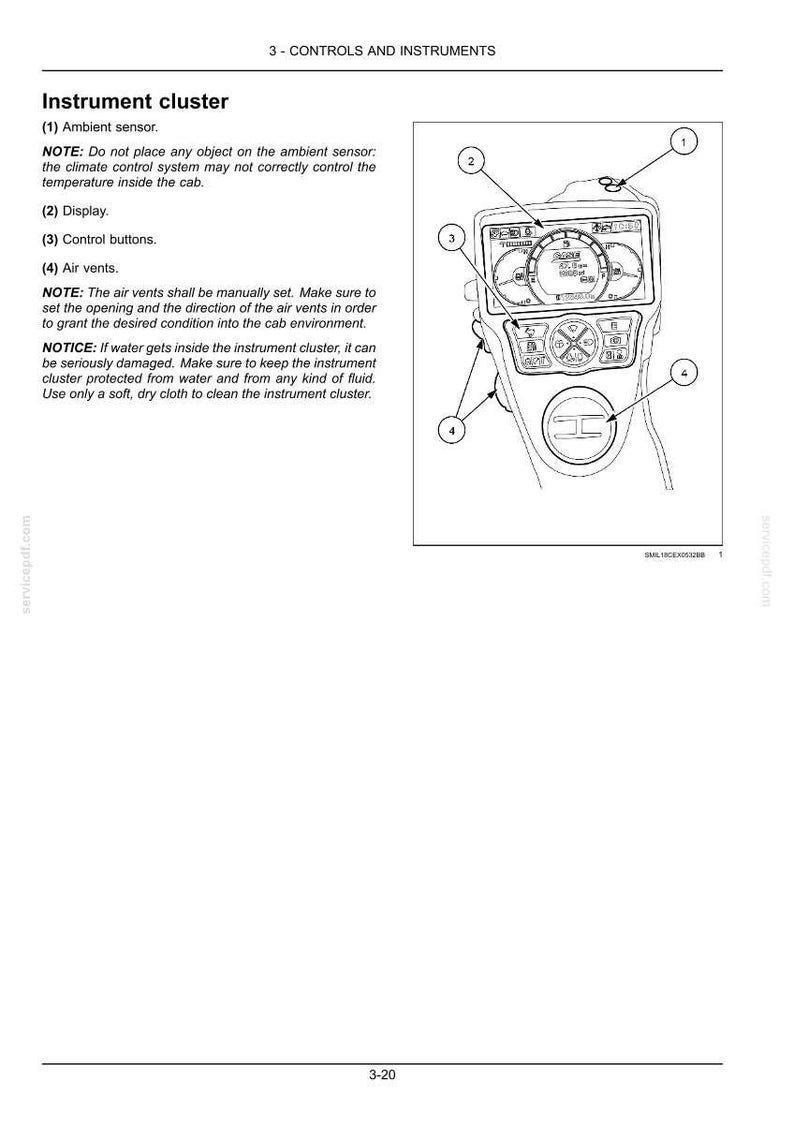 May include: Diagram of an instrument cluster with labeled components: ambient sensor, display, control buttons, and air vents. The text provides instructions and warnings about the cluster's use and care.