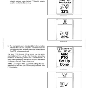 Op de afbeelding: Een pagina uit een technisch handboek getiteld WORKING OPERATIONS - 6, met instructietekst en vier zwart-wit digitale displaydiagrammen die het Auto PTO-instelproces illustreren, inclusief schermen met 32% en Auto PTO Set Up Done.