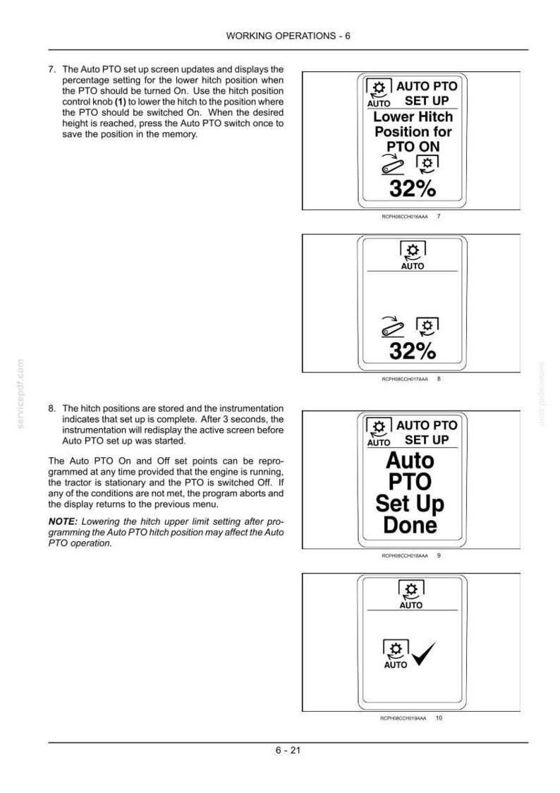 Op de afbeelding: Een pagina uit een technisch handboek getiteld WORKING OPERATIONS - 6, met instructietekst en vier zwart-wit digitale displaydiagrammen die het Auto PTO-instelproces illustreren, inclusief schermen met 32% en Auto PTO Set Up Done.