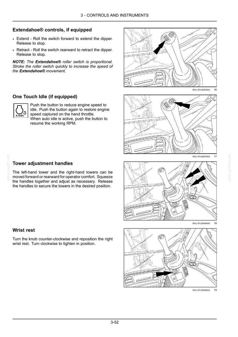 May include: Diagram of vehicle controls and instruments, including Extendahoe controls, One Touch Idle, tower adjustment handles, and wrist rest. The image shows detailed illustrations with arrows indicating the function of each control.