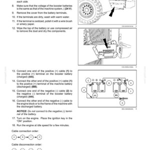 May include: A technical maintenance manual page titled 7-MAINTENANCE, featuring black and white line drawings of a heavy machinery battery compartment, connection diagrams for 12V batteries, and numbered instructions for jump-starting the engine.