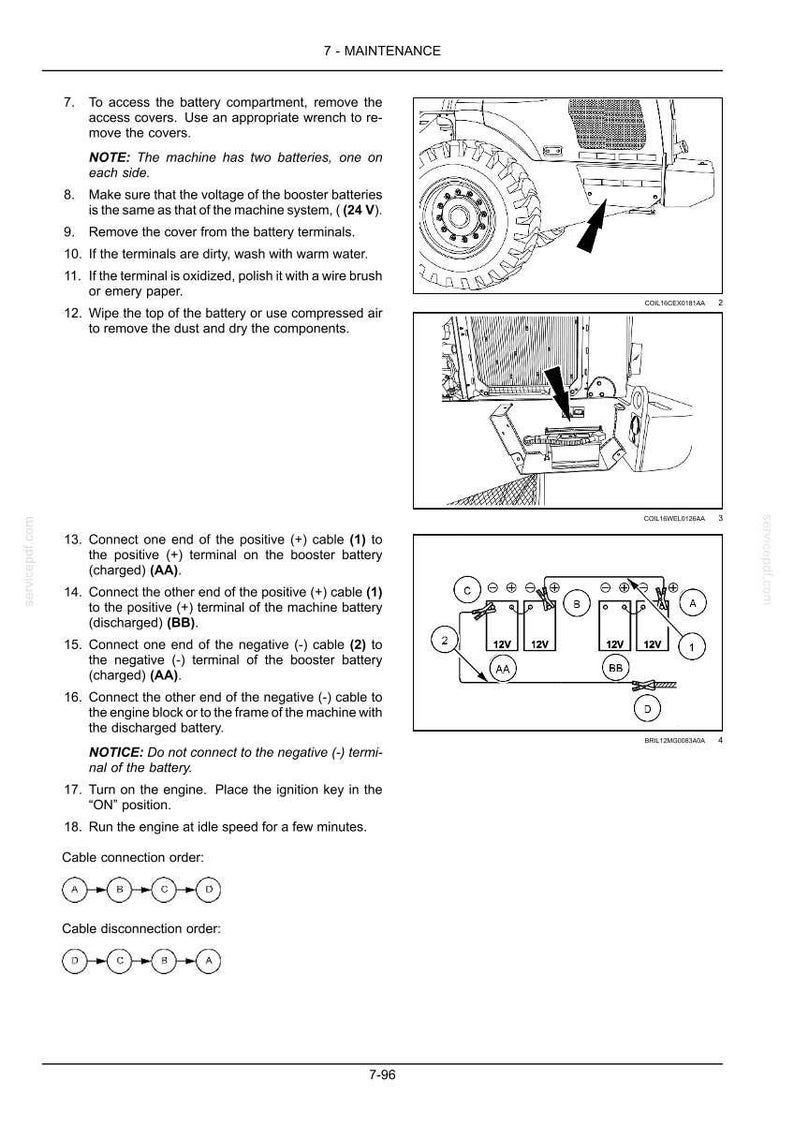 May include: A technical maintenance manual page titled 7-MAINTENANCE, featuring black and white line drawings of a heavy machinery battery compartment, connection diagrams for 12V batteries, and numbered instructions for jump-starting the engine.