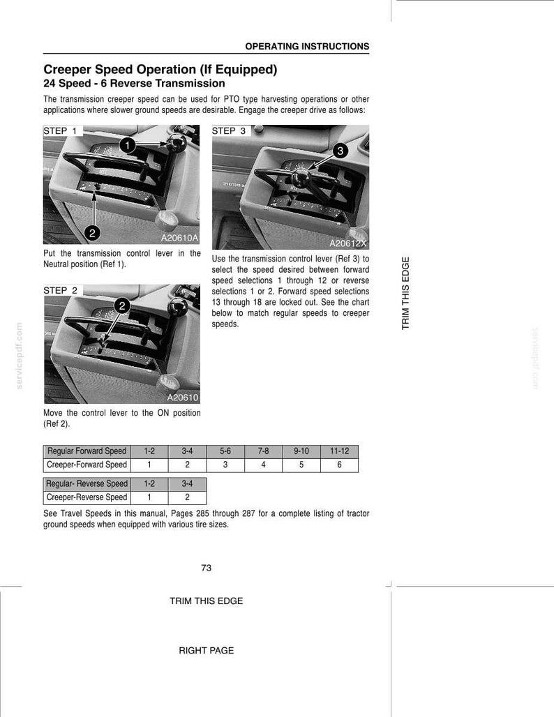 May include: A page of operating instructions for a 24-speed, 6-reverse transmission creeper speed operation. It includes three black and white photographs showing a transmission control lever in neutral, on, and speed selection positions.