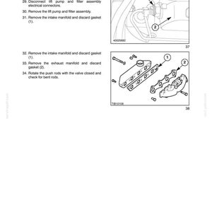 May include: A technical manual page titled SECTION 10 - ENGINE - CHAPTER 1, featuring two black and white line drawings of engine components. The top diagram shows a connector labeled 1 and intake manifold labeled 2. The bottom diagram displays an exploded view of manifolds, gaskets labeled 1 and 2, and bolts, with text instructions numbered 28 through 34.