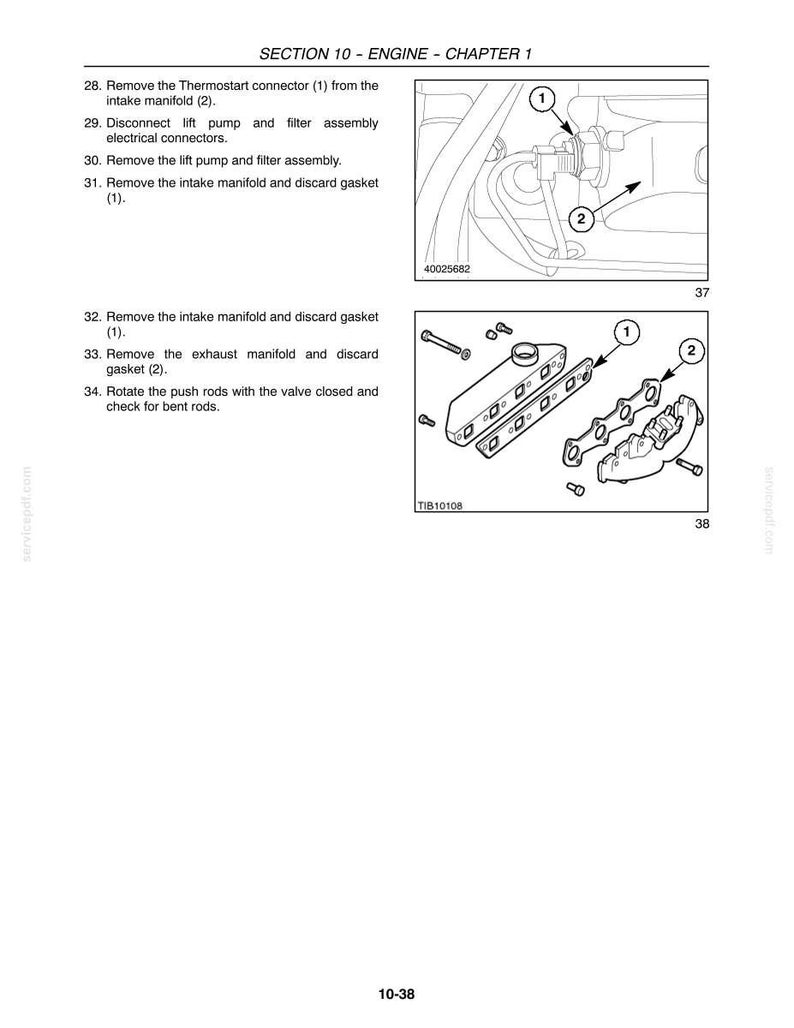 May include: A technical manual page titled SECTION 10 - ENGINE - CHAPTER 1, featuring two black and white line drawings of engine components. The top diagram shows a connector labeled 1 and intake manifold labeled 2. The bottom diagram displays an exploded view of manifolds, gaskets labeled 1 and 2, and bolts, with text instructions numbered 28 through 34.