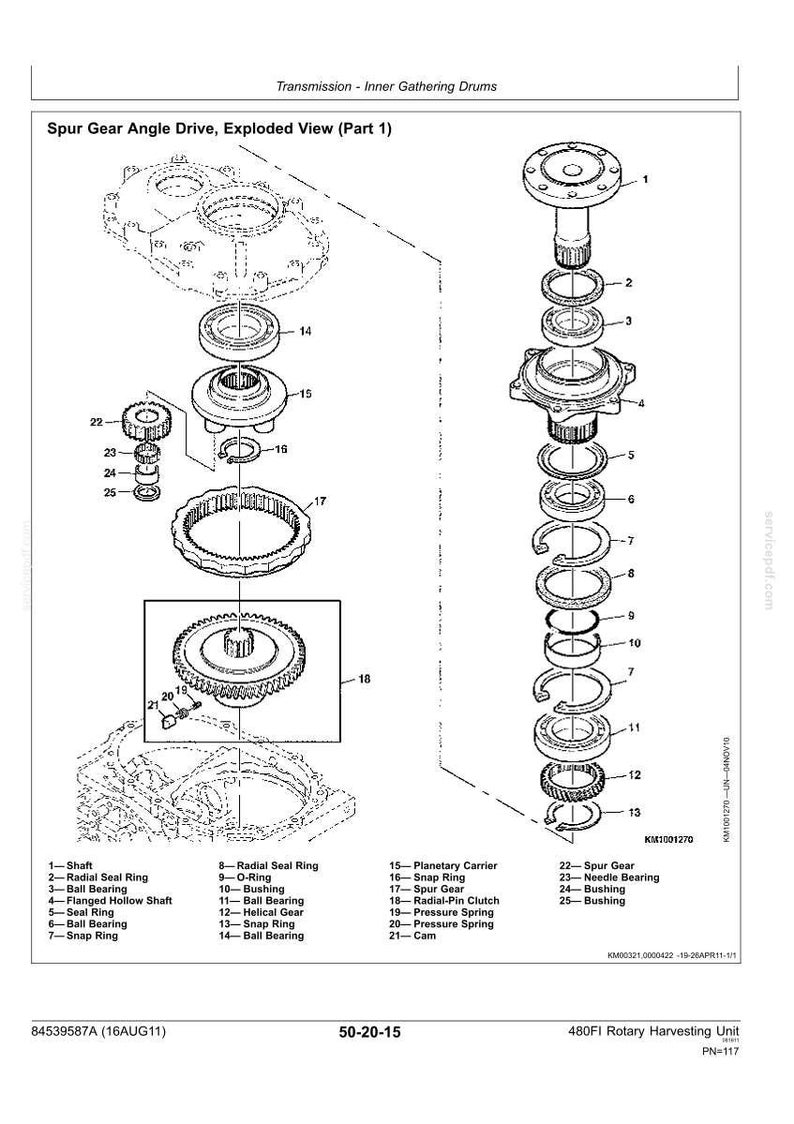 May include: An exploded view technical diagram titled Spur Gear Angle Drive, Part 1, showing mechanical components including shafts, bearings, gears, and seals labeled 1 through 25. The black and white line drawing details the assembly of transmission inner gathering drums for a 480FI Rotary Harvesting Unit.
