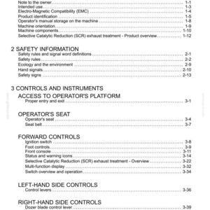 May include: A white document titled "Contents" with a detailed table of contents for a machine's manual. Sections include general information, safety, controls, and instruments, with page numbers listed.