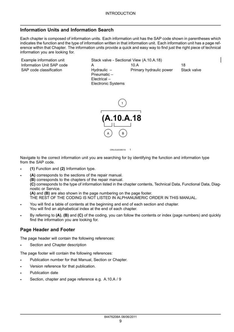 May include: A page from a technical manual with the title "Information Units and Information Search." The page includes a diagram labeled (A.10.A.18) and text explaining information unit codes and how to find information.