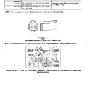 以下が含まれることがあります： コネクタX091とそのコンポーネントを含む、電気コネクタとワイヤーハーネスの図。画像には、ワイヤ番号と回路参照を含む表と、配線図が含まれています。テキストには「DESTEMMER HARNESS、DEUTSCH CONNECTOR」が含まれています。