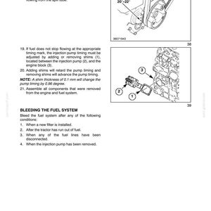 May include: Diagram from a manual showing engine components, including a pulley with 20&deg;-22&deg; markings, an injection pump, and an engine block. Text details fuel system bleeding procedures and shim adjustments.