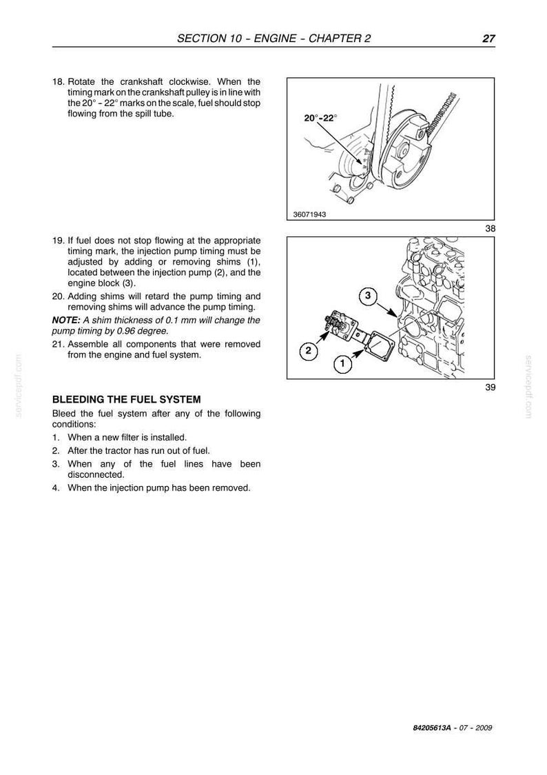 May include: Diagram from a manual showing engine components, including a pulley with 20&deg;-22&deg; markings, an injection pump, and an engine block. Text details fuel system bleeding procedures and shim adjustments.