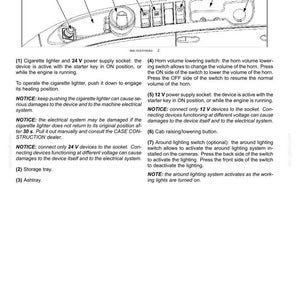 May include: Diagram of a vehicle's control panel, featuring a cigarette lighter, power sockets, switches, and a storage tray. The text labels the functions of each component, including horn volume control and lighting.