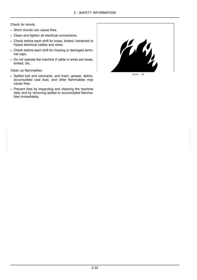 May include: A document page titled 2 - SAFETY INFORMATION containing text instructions regarding electrical shorts and flammable materials, accompanied by a black and white graphic icon of a flame and the text SP058 59 at the bottom.