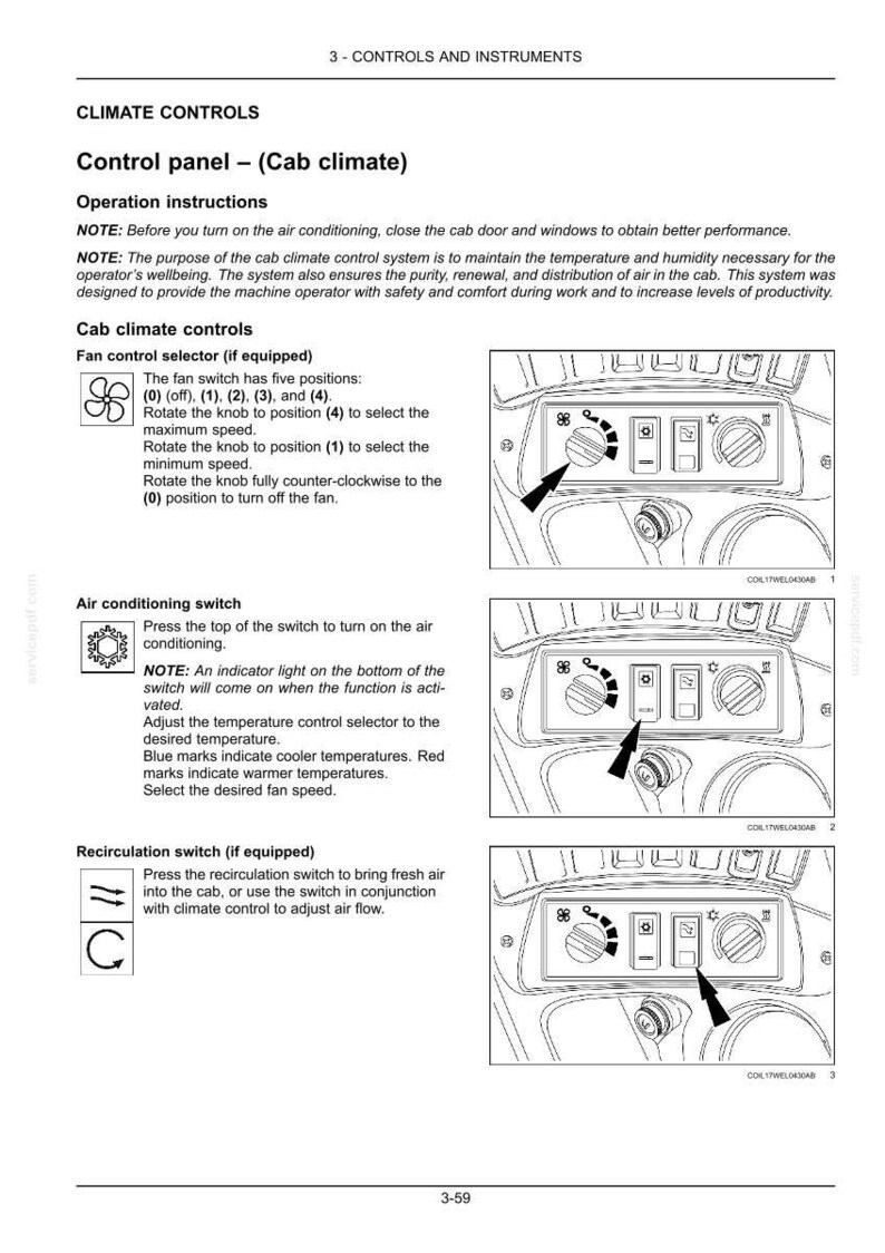 May include: Diagram of a cab climate control panel with fan, air conditioning, and recirculation switches. The panel includes a fan control selector with positions (0) to (4), an air conditioning switch, and a recirculation switch. Instructions are provided.