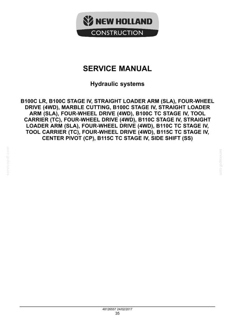 May include: A service manual for New Holland Construction equipment. The cover features the New Holland logo above the text "CONSTRUCTION." The manual's title, "SERVICE MANUAL," is followed by "Hydraulic systems." The document lists various models and systems.