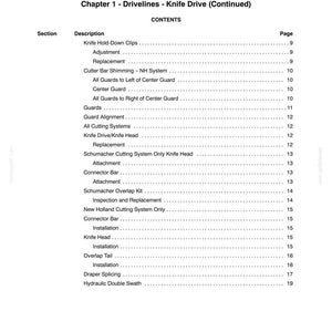 May include: A page from a manual titled "SECTION 58 - ATTACHMENTS" with a table of contents. The table lists various components and procedures related to knife drive systems, including "Knife Hold-Down Clips," "Guards," and "Installation."
