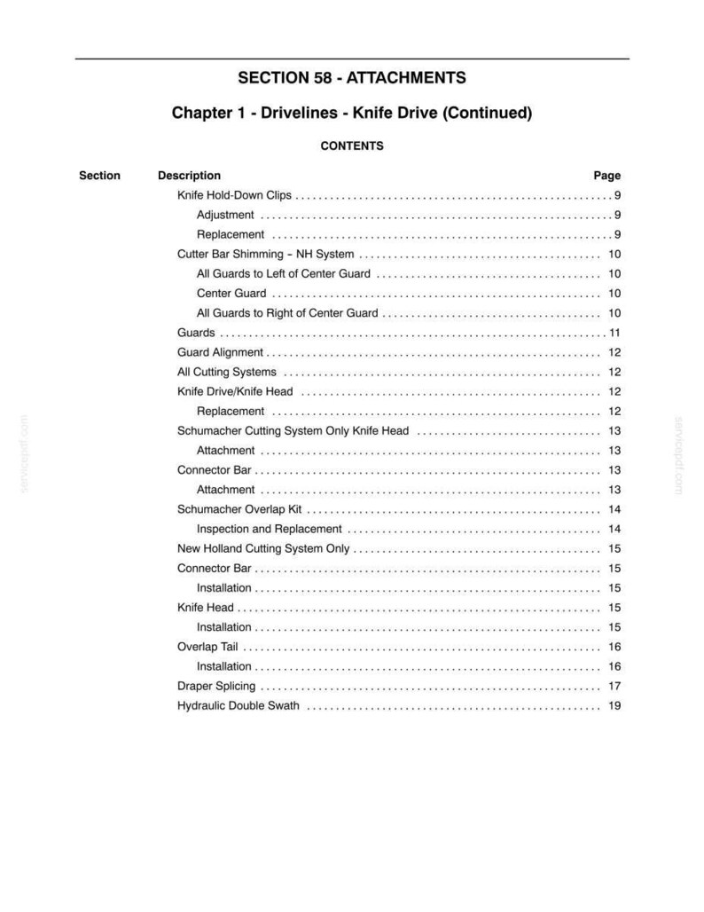May include: A page from a manual titled "SECTION 58 - ATTACHMENTS" with a table of contents. The table lists various components and procedures related to knife drive systems, including "Knife Hold-Down Clips," "Guards," and "Installation."