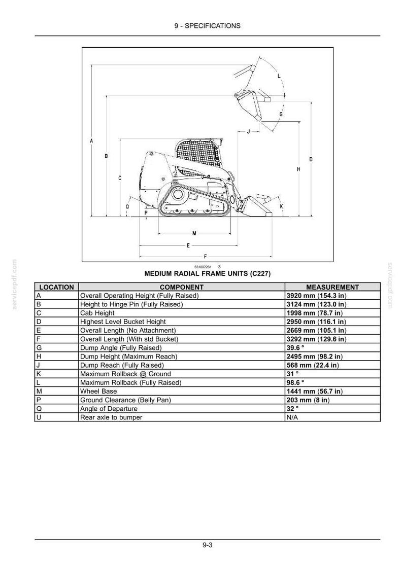 May include: A technical specification diagram for a medium radial frame skid steer loader, labeled C227. The image includes a side-profile line drawing of the machine with dimension lines labeled A through Q, and a table listing measurements in inches.