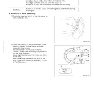 Puede incluir: Diagrama de instrucciones para la extracci&oacute;n e instalaci&oacute;n del conjunto de la zapata. Incluye advertencias de seguridad sobre alta presi&oacute;n y grasa. Gu&iacute;a paso a paso con ilustraciones y componentes numerados, incluyendo una llave de boca de 19 mm.