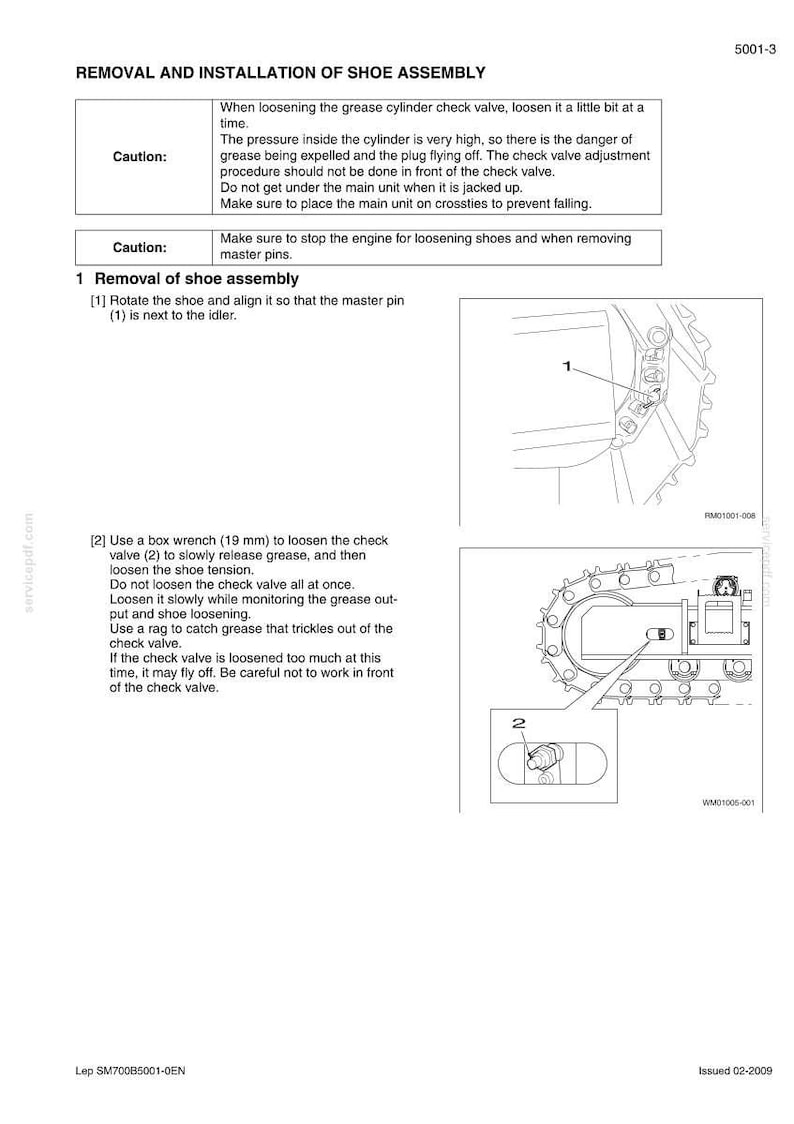 Puede incluir: Diagrama de instrucciones para la extracci&oacute;n e instalaci&oacute;n del conjunto de la zapata. Incluye advertencias de seguridad sobre alta presi&oacute;n y grasa. Gu&iacute;a paso a paso con ilustraciones y componentes numerados, incluyendo una llave de boca de 19 mm.