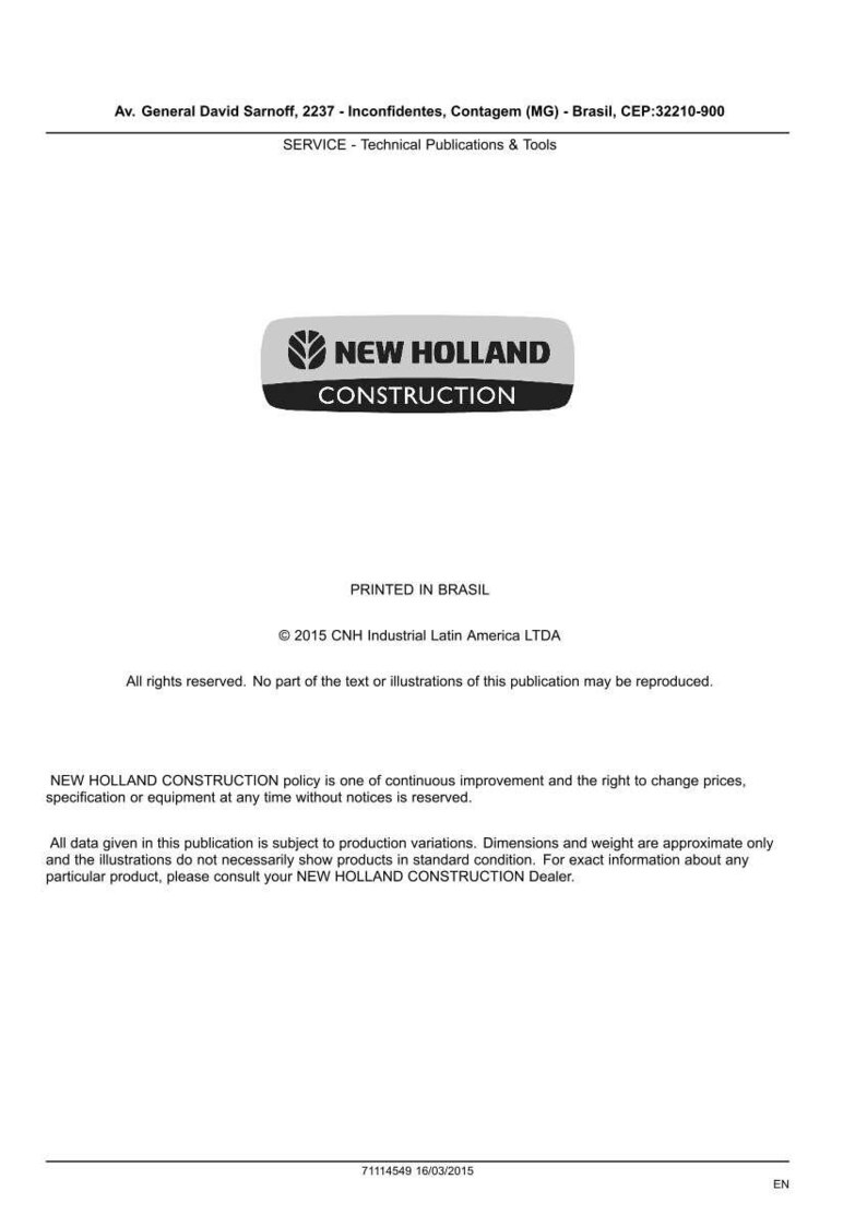 May include: A white document with the "NEW HOLLAND CONSTRUCTION" logo in a black and gray rectangle. Text includes address details, "SERVICE - Technical Publications & Tools," and copyright information. The document is printed in Brazil.