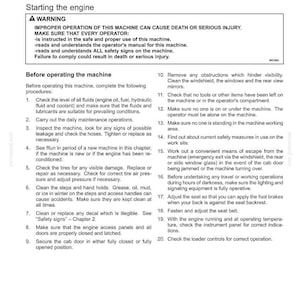 May include: Operating instructions page with a warning about improper machine operation causing death or serious injury. Includes a list of safety procedures before starting the engine, such as checking fluids, tires, and visibility.