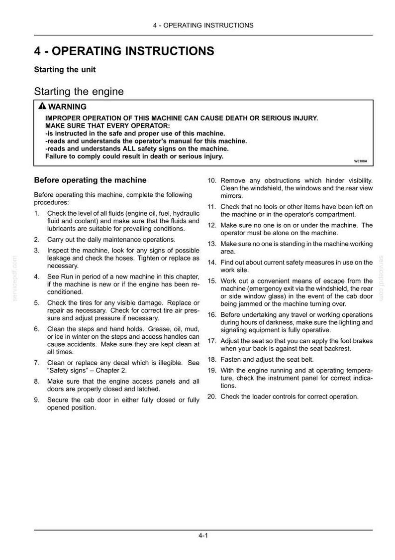 May include: Operating instructions page with a warning about improper machine operation causing death or serious injury. Includes a list of safety procedures before starting the engine, such as checking fluids, tires, and visibility.