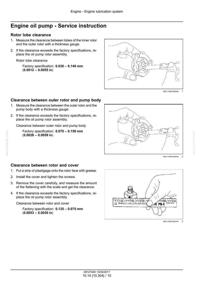 May include: Engine oil pump service instructions with diagrams. Includes measurements for rotor lobe clearance, clearance between outer rotor and pump body, and clearance between rotor and cover. Factory specifications are provided in inches and millimeters.