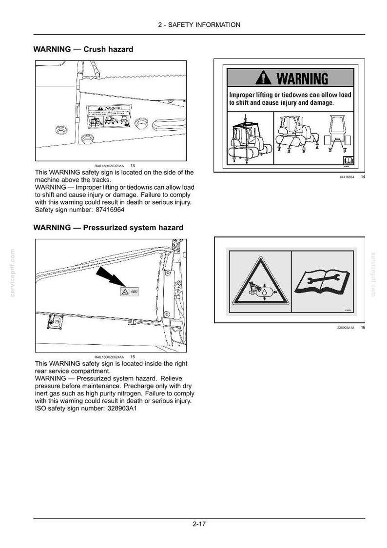 May include: Safety information page with diagrams and warnings. Includes a warning about crush hazards and improper lifting, with illustrations of machinery. Also, a warning about pressurized systems.
