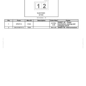 May include: Diagram of an electrical connector, CN.D32, labeled "DIODE (Male)". The diagram includes a rectangular component with the numbers "1" and "2". Below the component is the text "SUMITOMO MT090". A table lists pin, wire ID, description, color-size, and frame information.