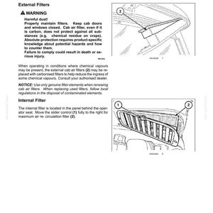 May include: A technical manual page titled CAB AIR FILTERS [24305285] featuring text instructions and two line-art diagrams. The diagrams illustrate the placement of external and internal filters with numbered labels for maintenance guidance.