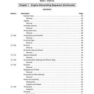 May include: A detailed table of contents from a manual, titled "SECTION 10 - ENGINE" and "Chapter 1 - Engine Dismantling Sequence (Continued)". The document lists engine components like cylinder head, timing gears, and flywheel, with corresponding page numbers.