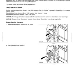 Puede incluir: Diagrama de una gu&iacute;a de mantenimiento del filtro de aire. El texto incluye instrucciones para la inspecci&oacute;n, las especificaciones de servicio y la extracci&oacute;n de elementos. Las im&aacute;genes muestran el filtro de aire y sus componentes.
