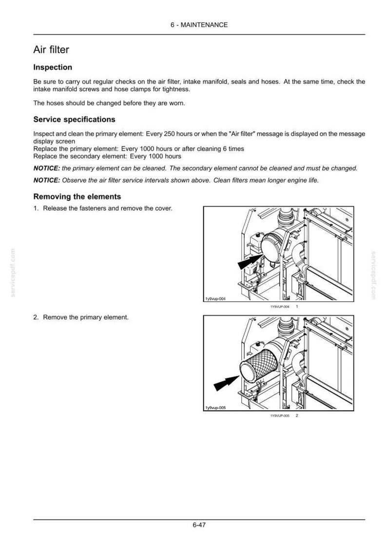 Puede incluir: Diagrama de una gu&iacute;a de mantenimiento del filtro de aire. El texto incluye instrucciones para la inspecci&oacute;n, las especificaciones de servicio y la extracci&oacute;n de elementos. Las im&aacute;genes muestran el filtro de aire y sus componentes.
