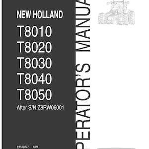Op de afbeelding: Een New Holland bedieningshandleiding voor de T8010, T8020, T8030, T8040 en T8050 tractoren. De omslag heeft een zwart linkerpaneel met witte tekst, een wit rechterpaneel met een tractorillustratie en het New Holland Agriculture logo onderaan.