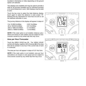 May include: A technical manual page titled PERFORMANCE MONITOR Odometer (Distance Record) and Area per Hour Forecaster. It features black text on a white background with two line-art diagrams of digital displays showing numerical data and icons.