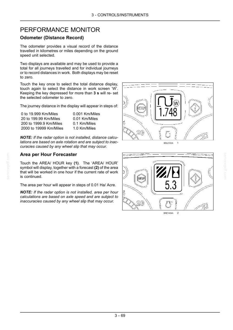 May include: A technical manual page titled PERFORMANCE MONITOR Odometer (Distance Record) and Area per Hour Forecaster. It features black text on a white background with two line-art diagrams of digital displays showing numerical data and icons.